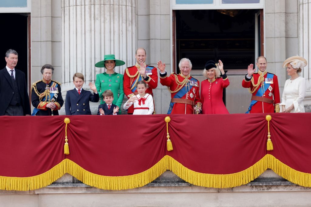 LONDON, ENGLAND - JUNE 17: Sir Timothy Laurence, Princess Anne, Princess Royal, Prince George of Wales, Prince Louis of Wales, Catherine, Princess of Wales, Princess Charlotte of Wales, Prince William, Prince of Wales, King Charles III, Queen Camilla, Prince Edward, Duke of Edinburgh and Sophie, Duchess of Edinburgh stand on the balcony of Buckingham Palace to watch a fly-past of aircraft by the Royal Air Force during Trooping the Colour on June 17, 2023 in London, England. Trooping the Colour is a traditional parade held to mark the British Sovereign's official birthday. It will be the first Trooping the Colour held for King Charles III since he ascended to the throne. (Photo by Chris Jackson/Getty Images)