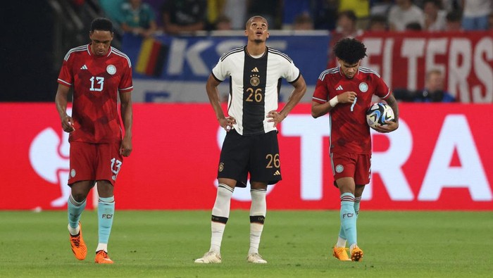 Soccer Football - International Friendly - Germany v Colombia - Veltins-Arena, Gelsenkirchen, Germany - June 20, 2023 Colombias Luis Diaz celebrates scoring their first goal as Germanys Malick Thiaw reacts REUTERS/Thilo Schmuelgen