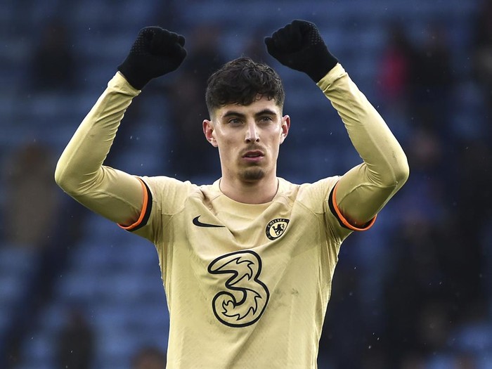 Chelsea's Kai Havertz during the English Premier League soccer match between Leicester City and Chelsea at King Power stadium in Leicester, England, Saturday, March 11, 2023. (AP Photo/Rui Vieira)