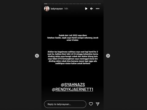 istri Rendy Kjaernett, Lady Veronica Nayoan, menuding suaminya sudah melakukan hubungan terlarang dengan Syahnaz Sadiqah selama setahun terakhir.