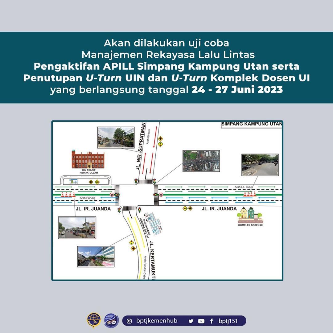 Badan Pengelola Transportasi Jabodetabek Kementerian Perhubungan (BPTJ Kemenhub) bersama sejumlah instansi akan melakukan uji coba rekayasa lalu lintas (lalin) di Simpang Kampung Utan, Tangerang Selatan (Tangsel). BPTJ mengungkapkan rekayasa lalin untuk mengurai kemacetan.