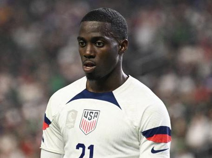 LAS VEGAS, NEVADA - JUNE 15: Timothy Weah #21 of the United States during the 2023 CONCACAF Nations League semifinals against Mexico at Allegiant Stadium on June 15, 2023 in Las Vegas, Nevada.   Candice Ward/USSF/Getty Images for USSF/AFP (Photo by Candice Ward/USSF / GETTY IMAGES NORTH AMERICA / Getty Images via AFP)