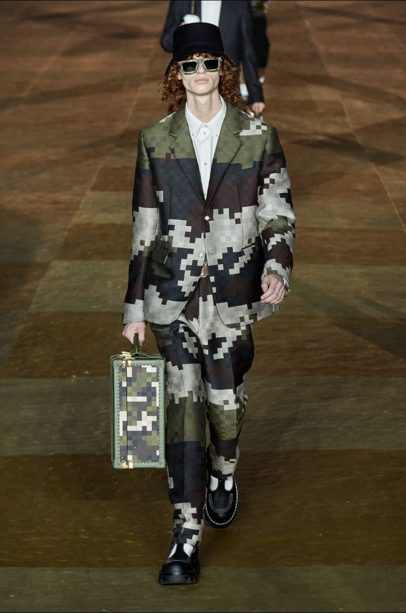 Look 4, pixelated camo suit