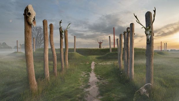 An illustration shows what the researchers believe is the 4,000-year-old Stonehenge-like sanctuary that archaeologists have discovered in Tiel, a town in the centre of the Netherlands, in this handout picture obtained on June 21, 2023. Municipality of Tiel/Handout via REUTERS THIS IMAGE HAS BEEN SUPPLIED BY A THIRD PARTY.