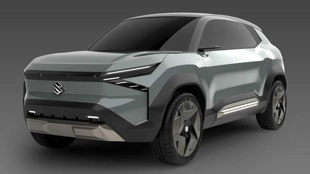 Mobil konsep Suzuki eVX, calon mobil listrik pertama Suzuki, dipamerkan ke publik pada Januari 2023 di India.