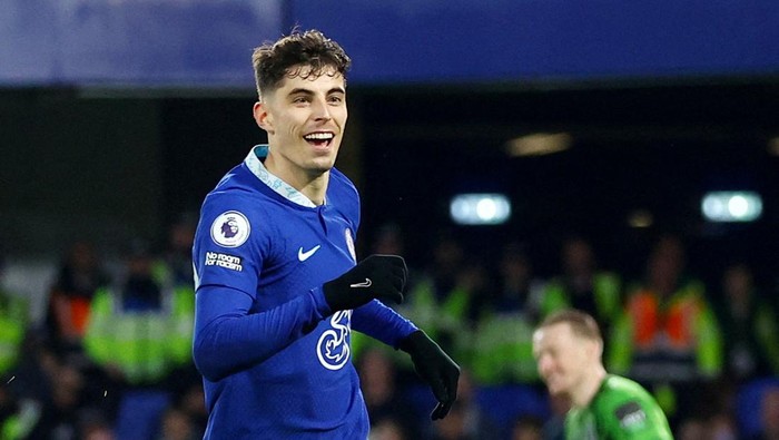 FILE PHOTO: Soccer Football - Premier League - Chelsea v Everton - Stamford Bridge, London, Britain - March 18, 2023 Chelseas Kai Havertz celebrates scoring their second goal REUTERS/Hannah Mckay EDITORIAL USE ONLY. No use with unauthorized audio, video, data, fixture lists, club/league logos or live services. Online in-match use limited to 75 images, no video emulation. No use in betting, games or single club /league/player publications.  Please contact your account representative for further details./File Photo