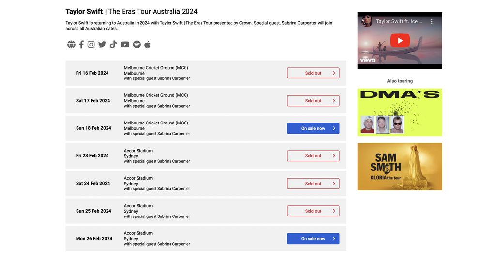 Pihak promotor dan penyelenggara konser Taylor Swift di Melbourne dan Sydney, Australia, mengumumkan pada Jumat (30/6) seluruh tiket untuk konser selama tujuh hari di negara itu sudah sold out.