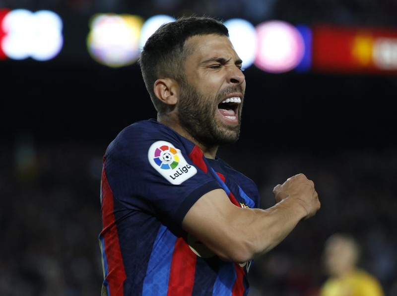 Barcelona's Jordi Alba reacts after a missed scoring opportunity during a Spanish La Liga soccer match between Barcelona and Girona at the Camp Nou stadium in Barcelona, Spain, Monday, April 10, 2023. (AP Photo/Joan Monfort)