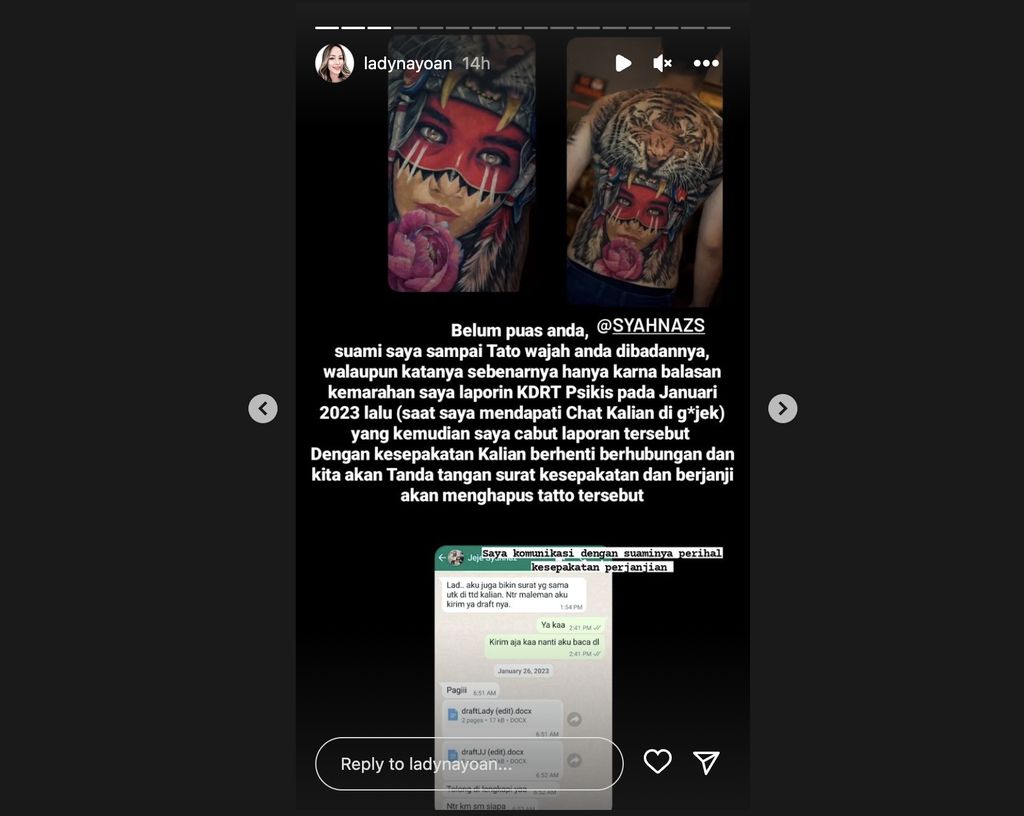 Rendy Kjaernett selingkuh Istri Rendy Kjaernett, Lady Nayoan, mengklaim suaminya telah berselingkuh dengan Syahnaz bahkan sampai membuat tato wajah adik Raffi Ahmad itu di punggungnya.