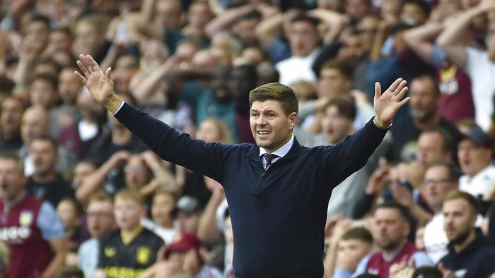 Aston Villas head coach Steven Gerrard reacts during the English Premier League soccer match between Aston Villa and Manchester City at Villa Park in Birmingham, England, Saturday, Sept. 3, 2022. (AP Photo/Rui Vieira)