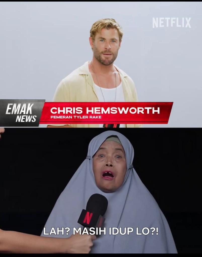 Ibu Sartika dan Chris Hemsworth dalam iklan Extraction 2