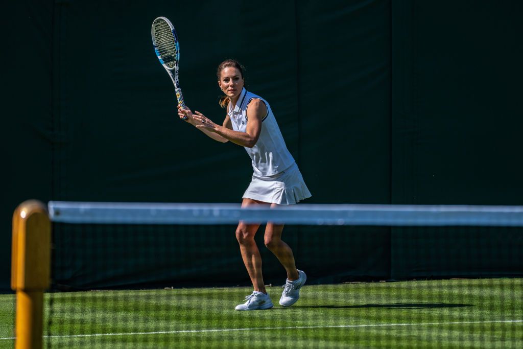 LONDON, ENGLAND - JUNE 24:  In this handout images released by Kensington Palace on June 24, 2023, Catherine, Princess of Wales playing tennis on No.3 Court at The All England Lawn Tennis Club, Wimbledon, on June 8, 2023 in London, England. (Photo by Handout/Thomas Lovelock - AELTC via Getty Images)