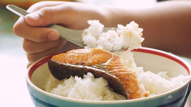 Kid Eating Grill Salmon with Rice
