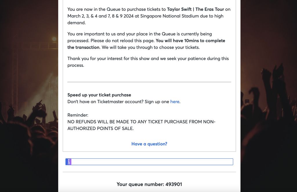 Presale Taylor Swift di Singapura resmi dibuka pada Rabu (5/7) pukul 11.00 WIB. Begitu dibuka, laman Ticketmaster Singapura mencatat ada sekitar 500 ribu orang masuk dalam ruang tunggu.
