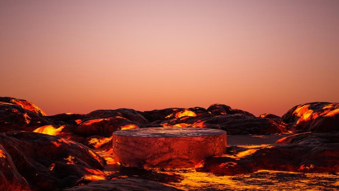 ilustrasi neraka Abstract 3D render Platform and natural background, Podium lava rocks smelt on volcano with magma and lava erupt for product display, Blank showcase, mock up template presentation or etc