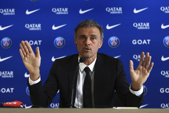 Newly named PSG coach Luis Enrique speaks during a press conference at the new Paris-Saint-Germain training ground Wednesday, July 5, 2023 in Poissy, west of Paris. Paris Saint-Germain fired coach Christophe Galtier after a disappointing season on and replaced him with former Spain and Barcelona manager Luis Enrique. (AP Photo/Aurelien Morissard)