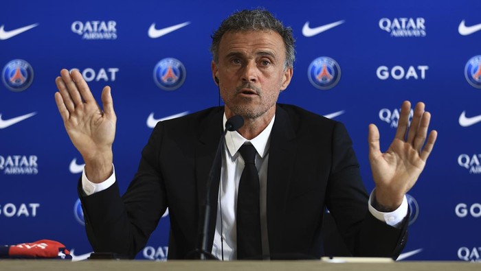 Newly named PSG coach Luis Enrique speaks during a press conference at the new Paris-Saint-Germain training ground Wednesday, July 5, 2023 in Poissy, west of Paris. Paris Saint-Germain fired coach Christophe Galtier after a disappointing season on and replaced him with former Spain and Barcelona manager Luis Enrique. (AP Photo/Aurelien Morissard)