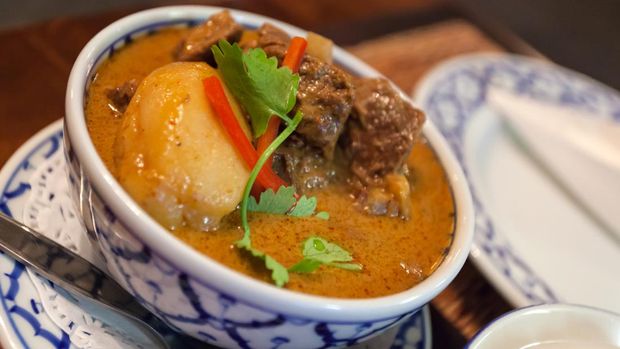 The famous Massaman Beef Curry dish combines several spices, herbs and traditional Thai ingredients into a rich, fragrant curry.
