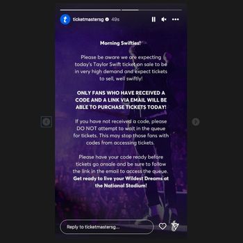 Informasi penjualan tiket generale sale Taylor Swift di Singapura, Jumat (7/7).