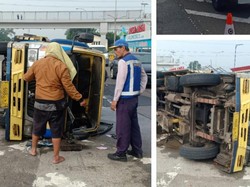 Patah As Roda, Truk Tangki Terguling di Tol Jagorawi