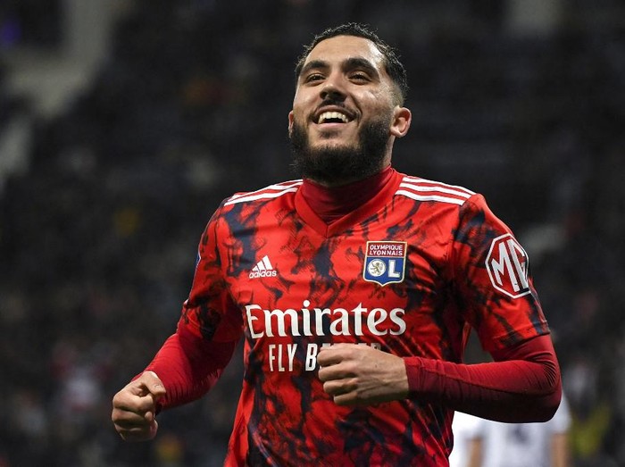 Lyon's French midfielder Rayan Cherki celebrates scoring his team's second goal during the French L1 football match between Toulouse FC and Olympique Lyonnais at the Stadium de Toulouse in Toulouse, southern France, on April 14, 2023. (Photo by Valentine CHAPUIS / AFP)