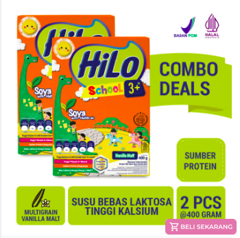 HiLo School 3+ Soya Multigrain Vanilla Malt 400g - Susu Pertumbuhan Anak Usia di atas 3 Tahun
