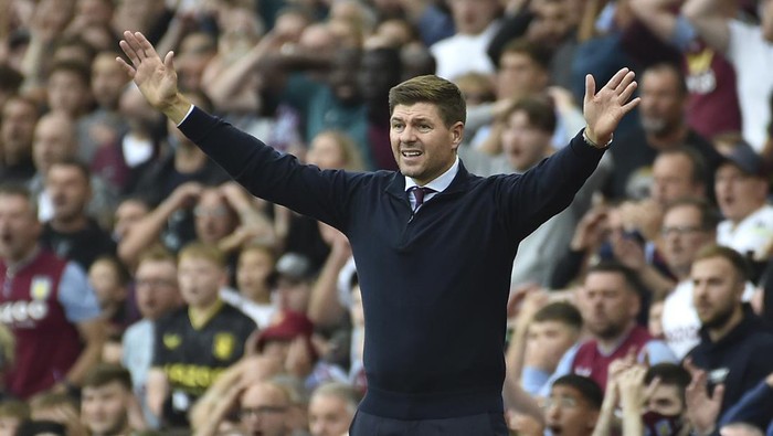 FILE - Former Aston Villas head coach Steven Gerrard reacts during the English Premier League soccer match between Aston Villa and Manchester City at Villa Park in Birmingham, England, on Sept. 3, 2022. Saudi Arabia has landed another soccer icon after Liverpool great Steven Gerrard was hired as manager of Al Ettifaq on Monday, July 3, 2023. The former England captain is the latest star name to be lured to the oil-rich kingdom as it embarks on an ever-expanding recruitment drive. (AP Photo/Rui Vieira)