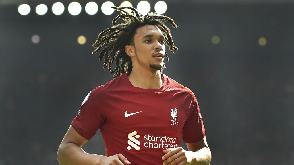 Liverpool's Trent Alexander-Arnold during the Premier League soccer match between Liverpool and Nottingham Forest at Anfield, in Liverpool, England, Saturday April 22, 2023. (AP Photo/Rui Vieira)