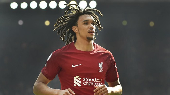 Liverpools Trent Alexander-Arnold during the Premier League soccer match between Liverpool and Nottingham Forest at Anfield, in Liverpool, England, Saturday April 22, 2023. (AP Photo/Rui Vieira)