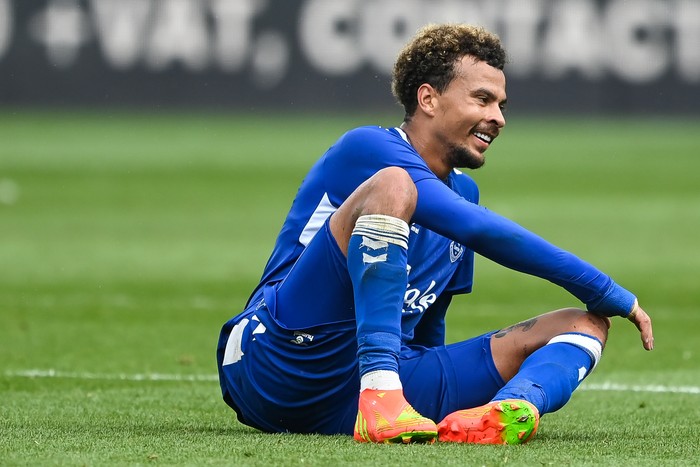 Dele Alli #36 of Everton is all smiles after falling to the ground in ,  on 7/24/2022. (Photo by Craig Thomas/News Images/Sipa USA)No Use Germany.