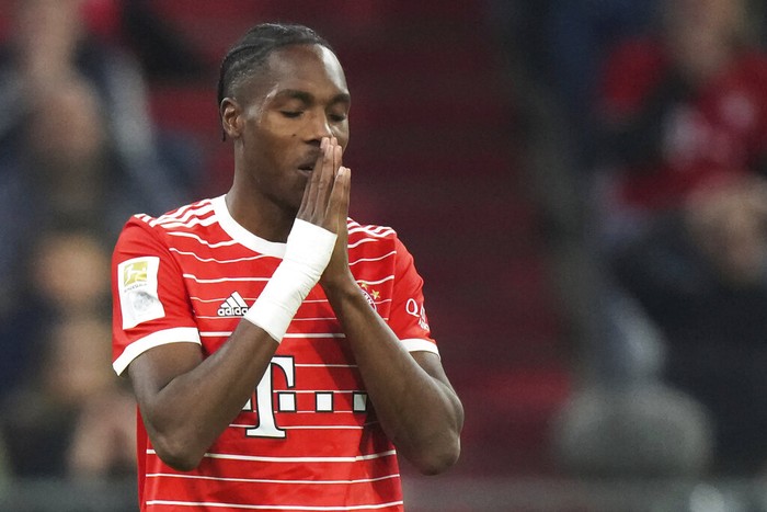 Bayerns Mathys Tel reacts during the Bundesliga soccer match between Bayern Munich and Werder Bremen at the Allianz Arena in Munich, Germany, Tuesday, Nov. 8, 2022. (AP Photo/Matthias Schrader)
