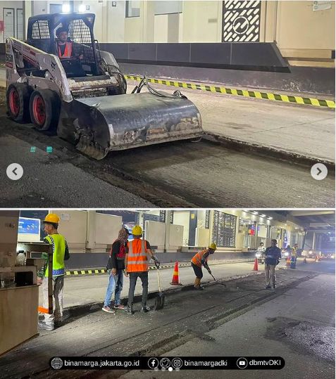 Perbaikan Jl HR Rasuna Said dengan pembangunan lapisan hotmix, 13 Juli 2023. (Dok Instagram Dinas Bina Marga DKI Jakarta)