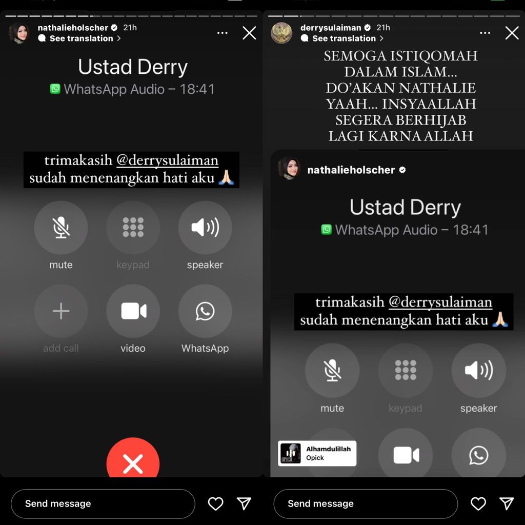 Unggahan Nathalie Holscher dan Ustaz Derry Sulaiman.