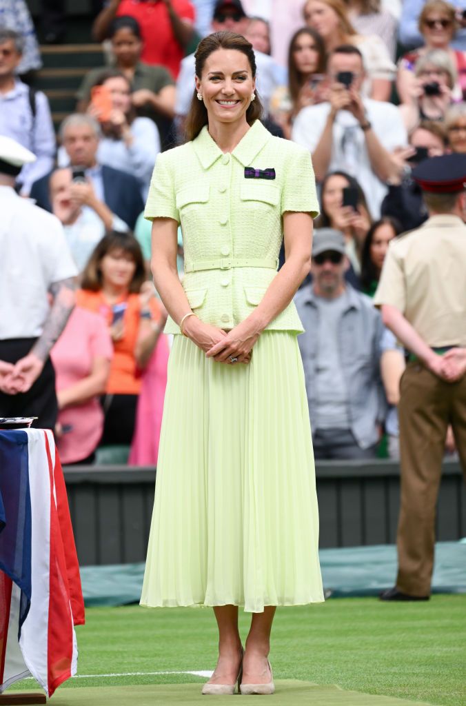 LONDON, ENGLAND - JULY 15: Catherine, Princess of Wales attends day thirteen of the Wimbledon Tennis Championships at All England Lawn Tennis and Croquet Club on July 15, 2023 in London, England. (Photo by Karwai Tang/WireImage)