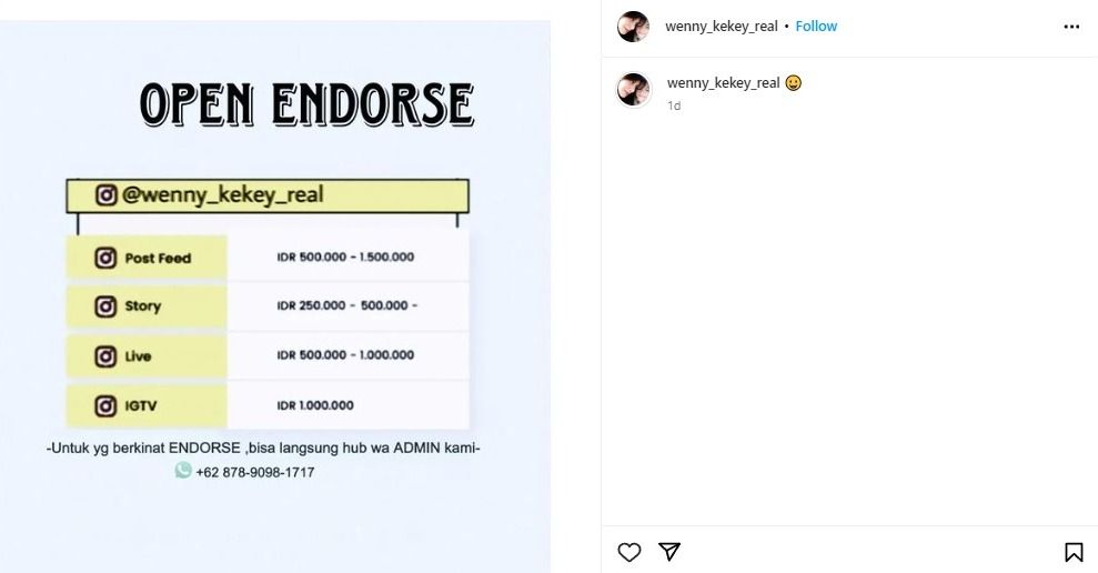 Tarif endorse Wenny Ariani