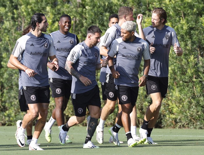 Soccer Football - MLS - Inter Miami Training - DRV PNK Stadium, Fort Lauderdale, Florida, United States - July 18, 2023 Inter Miami's Lionel Messi with Josef Martinez and teammates during training REUTERS/Marco Bello