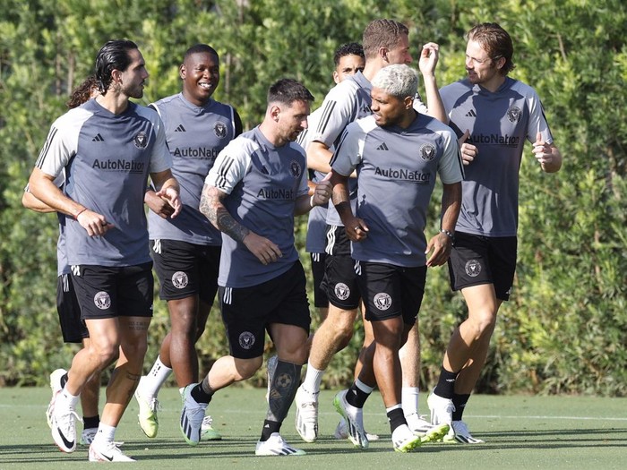 Soccer Football - MLS - Inter Miami Training - DRV PNK Stadium, Fort Lauderdale, Florida, United States - July 18, 2023 Inter Miami's Lionel Messi with Josef Martinez and teammates during training REUTERS/Marco Bello
