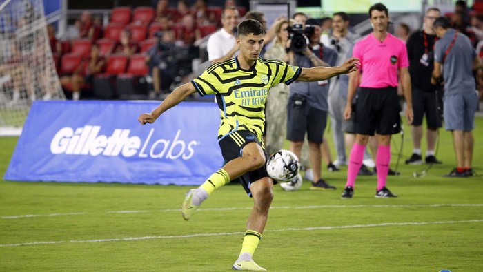 Kai Havertz Jul 18, 2023; Washington, DC, USA; Arsenal midfielder Kai Havertz (29) competes during the 2023 MLS All Star Skills Challenge at Audi Field. Mandatory Credit: Amber Searls-USA TODAY Sports