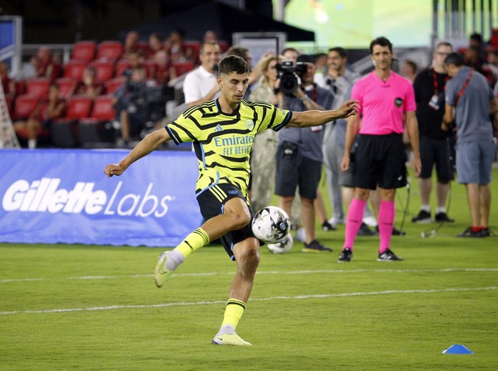 Jul 18, 2023; Washington, DC, USA; Arsenal midfielder Kai Havertz (29) competes during the 2023 MLS All Star Skills Challenge at Audi Field. Mandatory Credit: Amber Searls-USA TODAY Sports