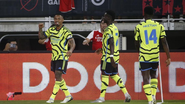 Jul 19, 2023; Washington, DC, USA; Arsenal forward Gabriel Jesus (9) celebrates with teammates after scoring a goal against the MLS in the first half of the 2023 MLS All Star Game at Audi Field. Mandatory Credit: Amber Searls-USA TODAY Sports
