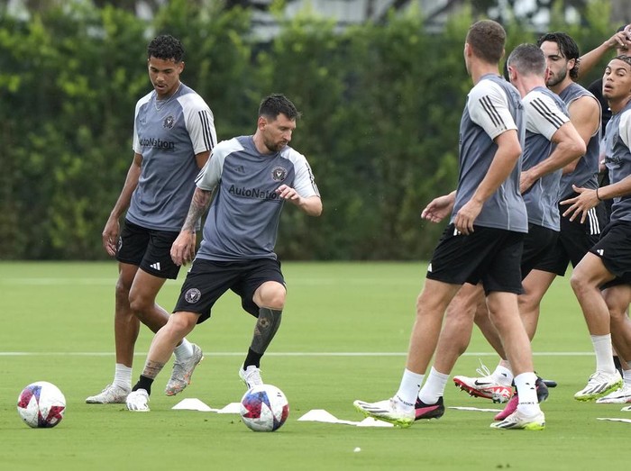 Inter Miami forward Lionel Messi, second from left, does drills during practice for a Leagues Cup soccer match, Thursday, July 20, 2023, in Fort Lauderdale, Fla. Inter Miami plays Cruz Azul Friday in Fort Lauderdale. (AP Photo/Lynne Sladky)