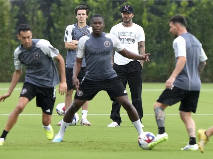 Inter Miami forward Lionel Messi, second from left, does drills during practice for a Leagues Cup soccer match, Thursday, July 20, 2023, in Fort Lauderdale, Fla. Inter Miami plays Cruz Azul Friday in Fort Lauderdale. (AP Photo/Lynne Sladky)