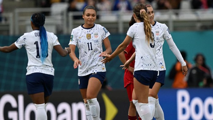 USAs forward #11 Sophia Smith celebrates scoring her teams second goal during the Australia and New Zealand 2023 Womens World Cup Group E football match between the United States and Vietnam at Eden Park in Auckland on July 22, 2023. (Photo by Saeed KHAN / AFP)