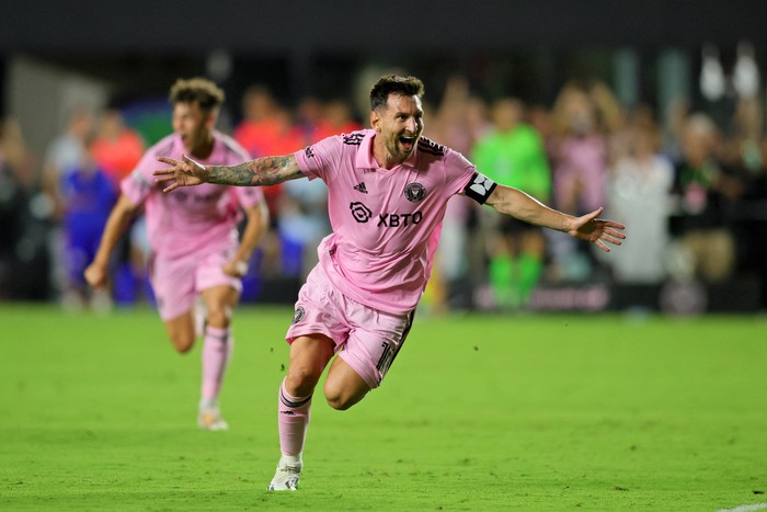 Jul 21, 2023; Fort Lauderdale, FL, USA; Inter Miami CF forward Lionel Messi (10) celebrates after scoring a goal against Cruz Azul during the second half at DRV PNK Stadium. Mandatory Credit: Sam Navarro-USA TODAY Sports