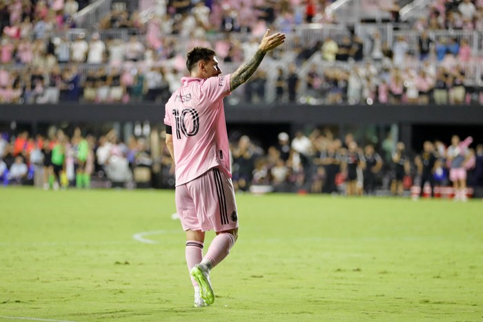 Jul 21, 2023; Fort Lauderdale, FL, USA; Inter Miami CF forward Lionel Messi (10) reacts after scoring a goal against Cruz Azul during the second half at DRV PNK Stadium. Mandatory Credit: Sam Navarro-USA TODAY Sports