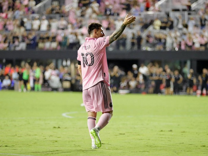 Jul 21, 2023; Fort Lauderdale, FL, USA; Inter Miami CF forward Lionel Messi (10) reacts after scoring a goal against Cruz Azul during the second half at DRV PNK Stadium. Mandatory Credit: Sam Navarro-USA TODAY Sports