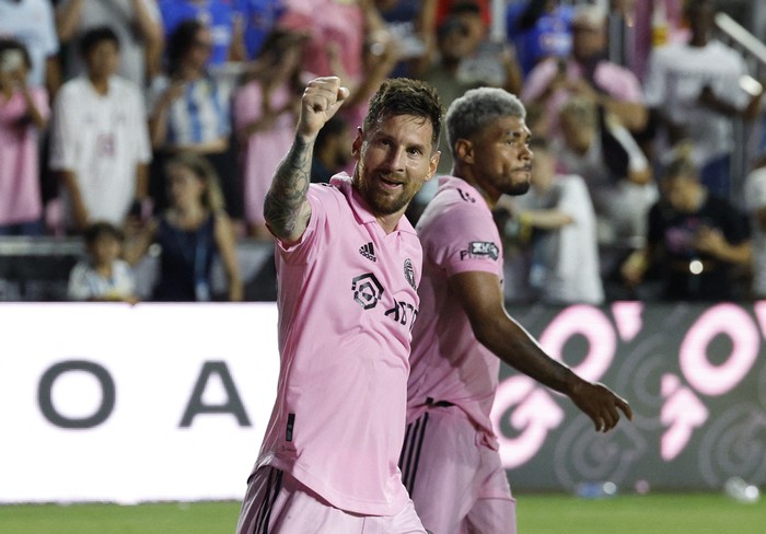 Soccer Football - Leagues Cup - Group J - Inter Miami v Cruz Azul - DRV PNK Stadium, Fort Lauderdale, Florida, United States - July 21, 2023 Inter Miamis Lionel Messi celebrates scoring their second goal REUTERS/Marco Bello