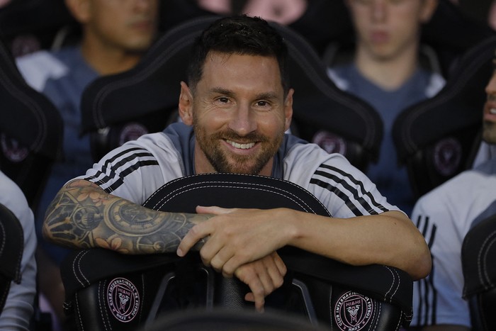 Jul 21, 2023; Fort Lauderdale, FL, USA; Inter Miami CF forward Lionel Messi (10) reacts before playing against Cruz Azul at DRV PNK Stadium. Mandatory Credit: Sam Navarro-USA TODAY Sports