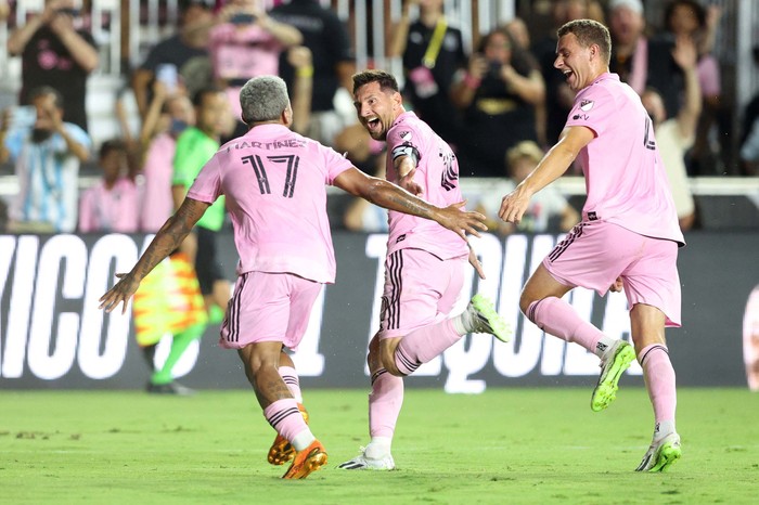 Jul 21, 2023; Fort Lauderdale, FL, USA; Inter Miami CF forward Lionel Messi (10) scores a goal past Cruz Azul goalkeeper Andres Gudiño (30) during the second half at DRV PNK Stadium. Mandatory Credit: Nathan Ray Seebeck-USA TODAY Sports