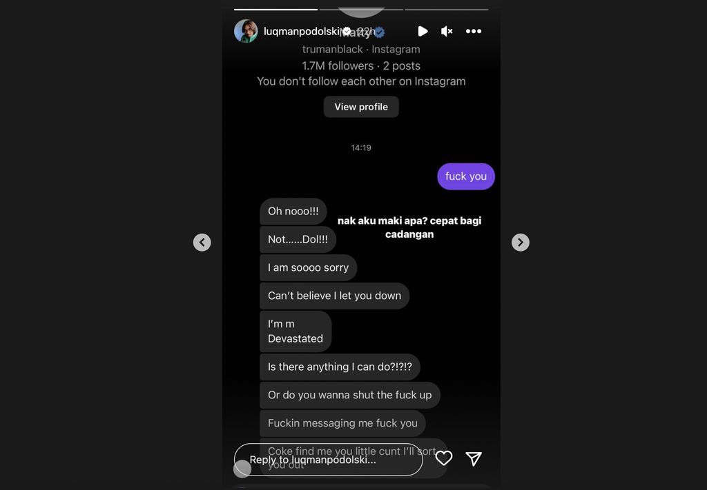 Seorang penyanyi yang juga aktor asal Malaysia, Luqman Podolski, tak kuasa menahan kekesalannya kepada Matty Healy atas ulah vokalis The 1975 itu di atas panggung Good Vibes Festival 2023.